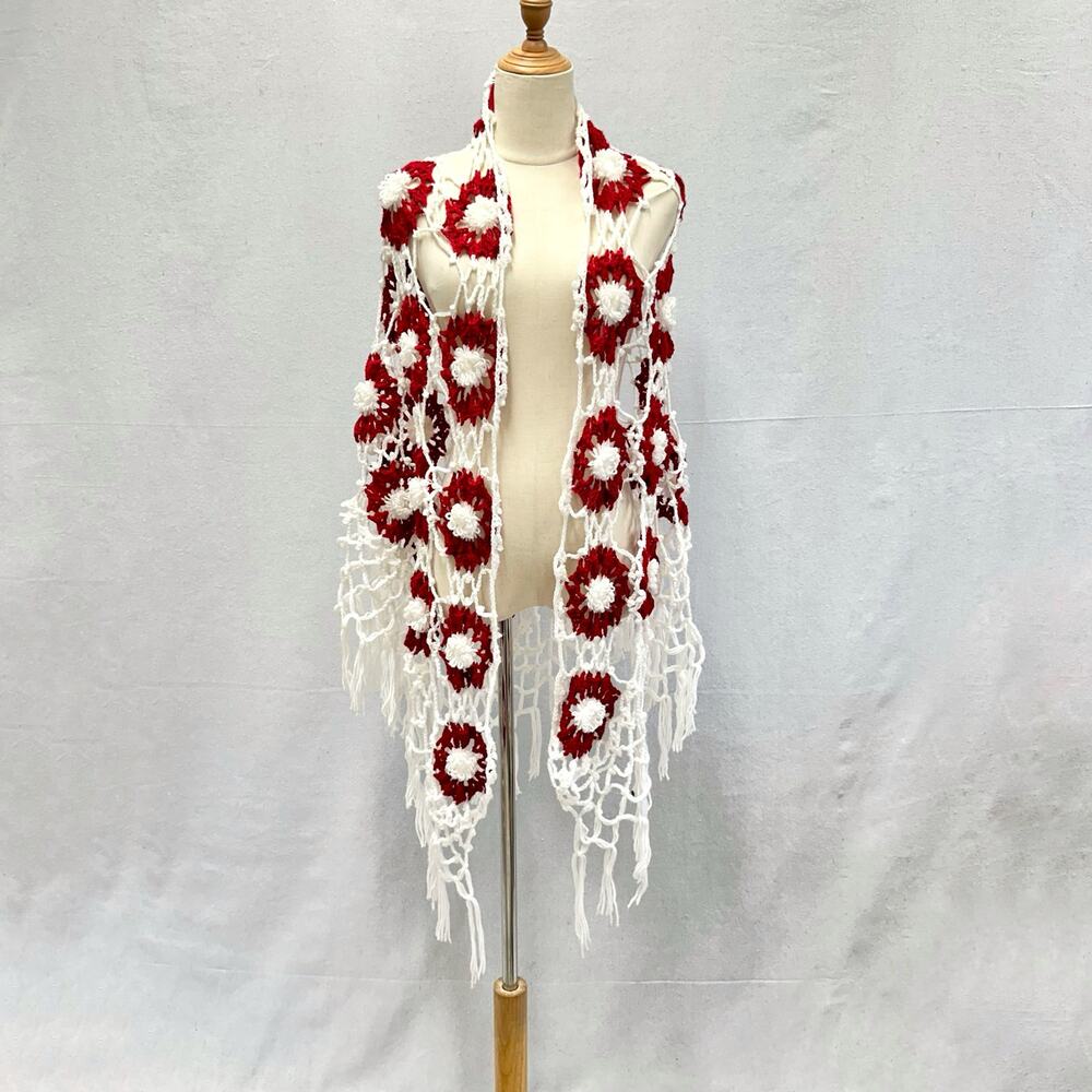 Vintage handknit crotchet granny square 3d flower triangle‎ scarf white/red